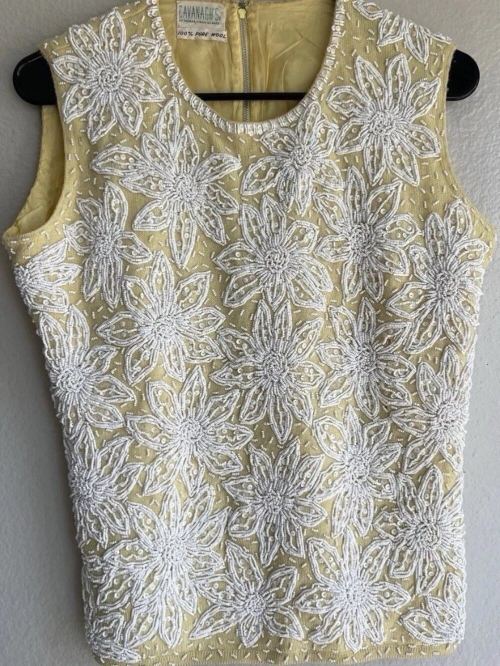 Cavanagh's 1960s yellow pure wool shell top Sweater White Beaded Sz M